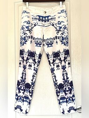 Trash and Luxury Blue White Silk Blend Majolica Porcelain Print Satin Pants S